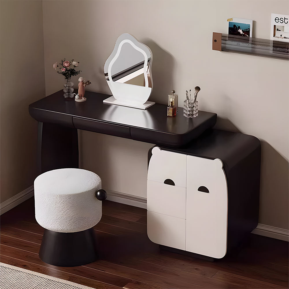 Modern Makeup Vanity Table with LED Round Mirror Storage Cabinet