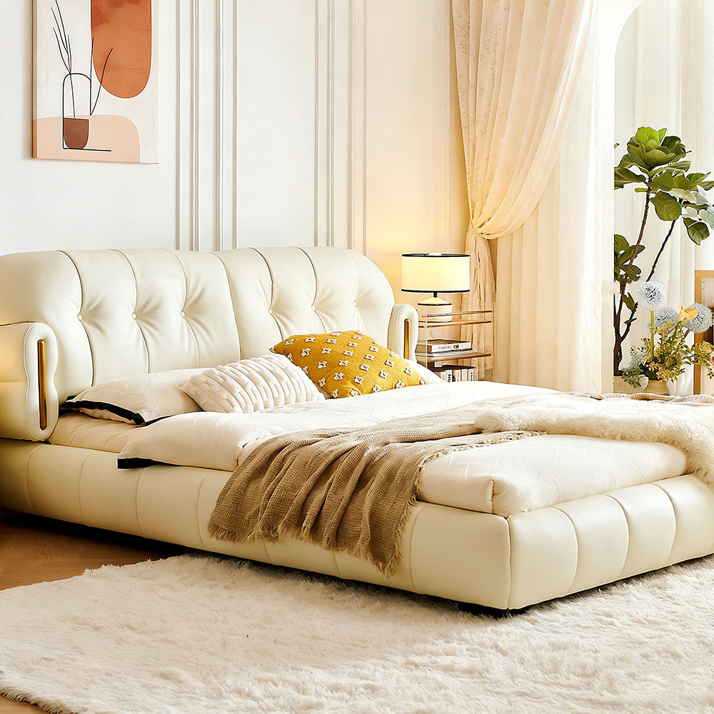 Modern Cream Upholstered Platform Bed Button Tufted Headboard Low Profile Soft Frame Bed with Solid Slat Support