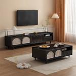 Load image into Gallery viewer, Mid-Century Modern Coffee Table with Cane Doors Elegant Storage &amp; Warm Wood Finish
