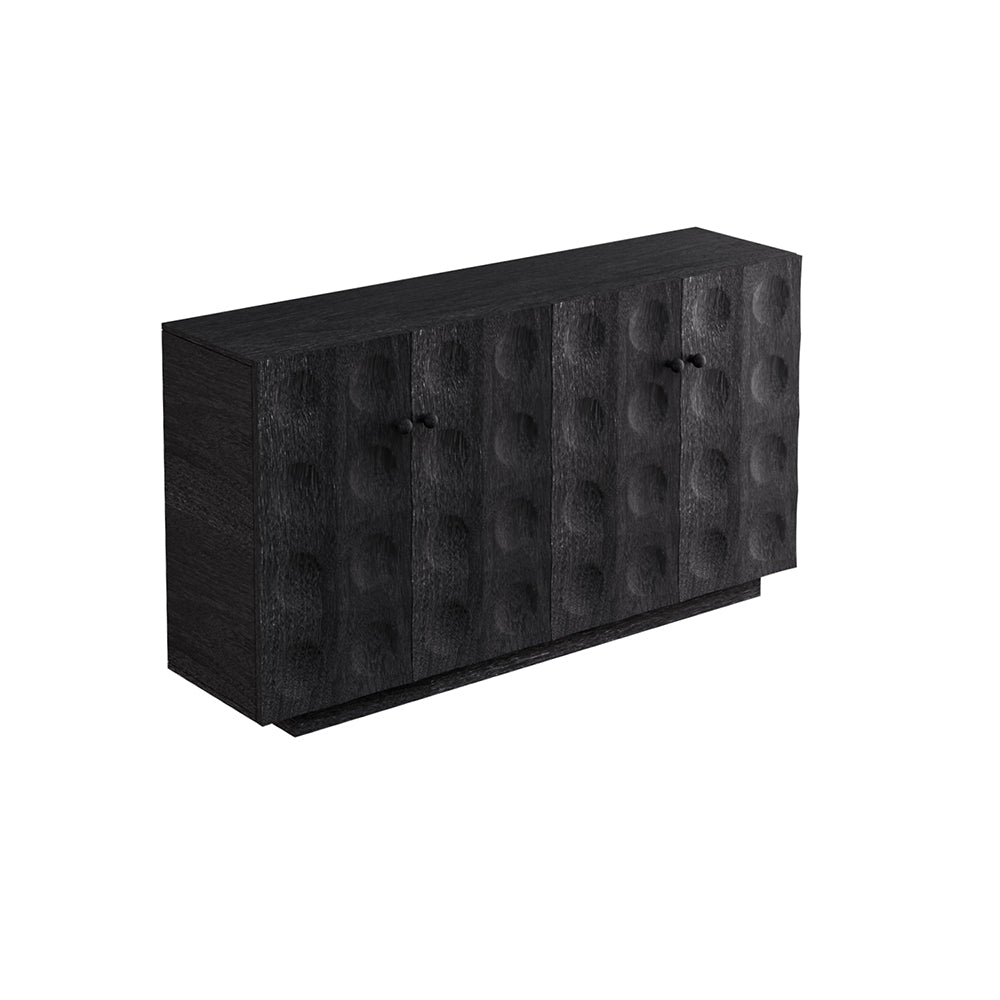 62.4''Vintage Embossed Sideboard Black Wood Storage Cabinet Textured Carved Front Mid Century Accent