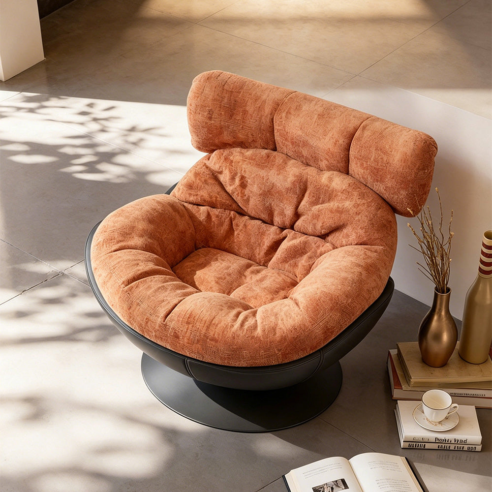 Modern Lounge Swivel Chair Linen Upholstered Fabric with Curved Design and Metal Base
