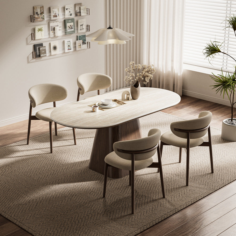 Oval Dining Table Solid Wood Walnut Veneer Base Scratch Resistant Sintered Stone Top Modern Stylish Design