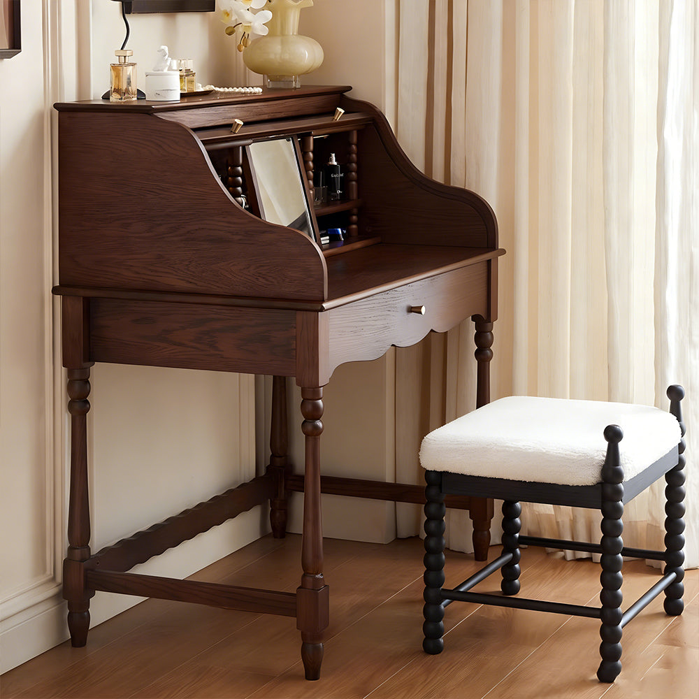 39.3'' Modern Vintage Roll Top Vanity Desk Solid Wood Makeup Table with Storage and Drawer