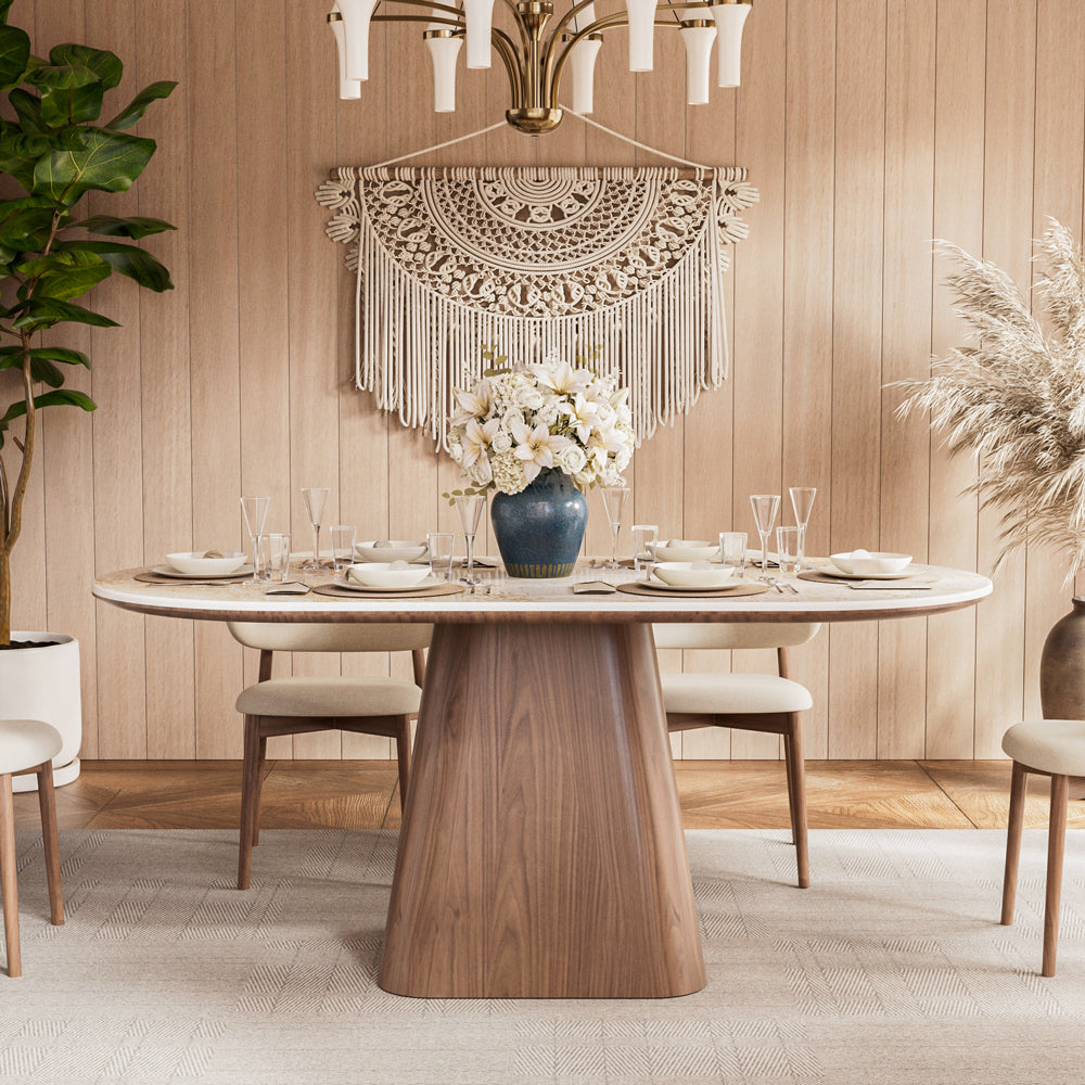 Walnut & Sintered-Stone Dining Set Oval Table + Matching Sideboard Cabinet