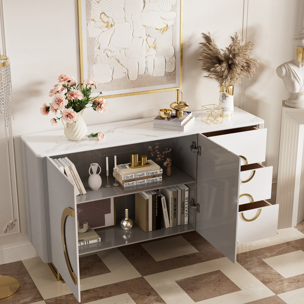 62.4" Sleek Modern White and Gold Buffet Cabinet with Circular Accents