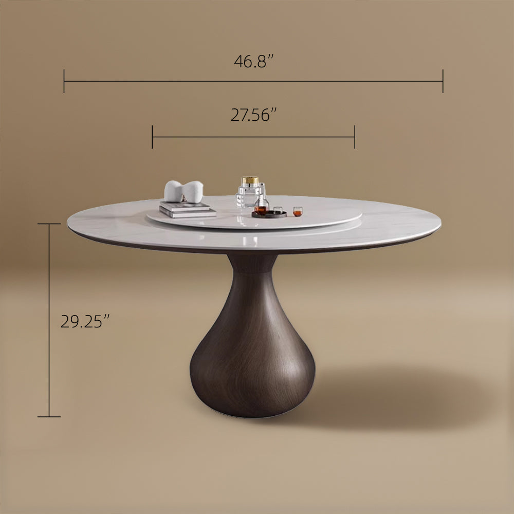 Round Dining Table Wooden Base and Ceramic Stone Top Modern Aesthetic