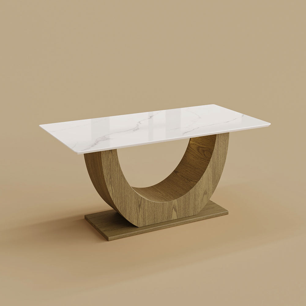 62.9''/70.8'' Modern Marble-Effect Dining Table with Sculptural Wood Base