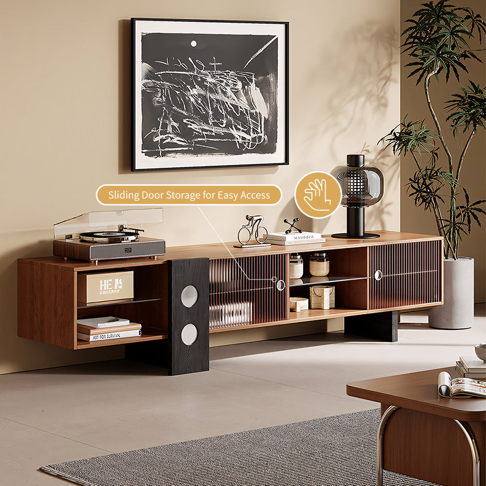 70.2‘’Mid-Century Modern TV Stand with Record Player Shelf - Wood Storage  Easy Organization