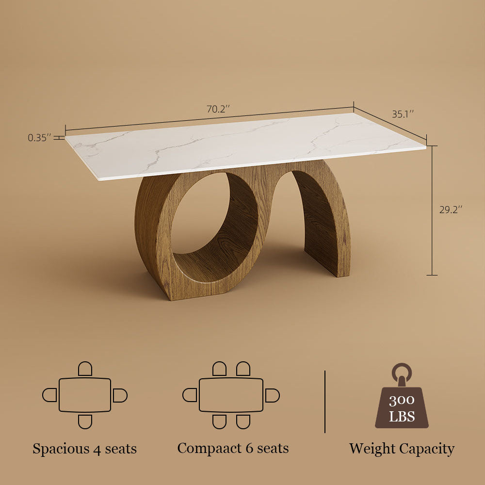 Modern Sculptural Dining Table with Marble-Effect Top & Artistic Wooden Base