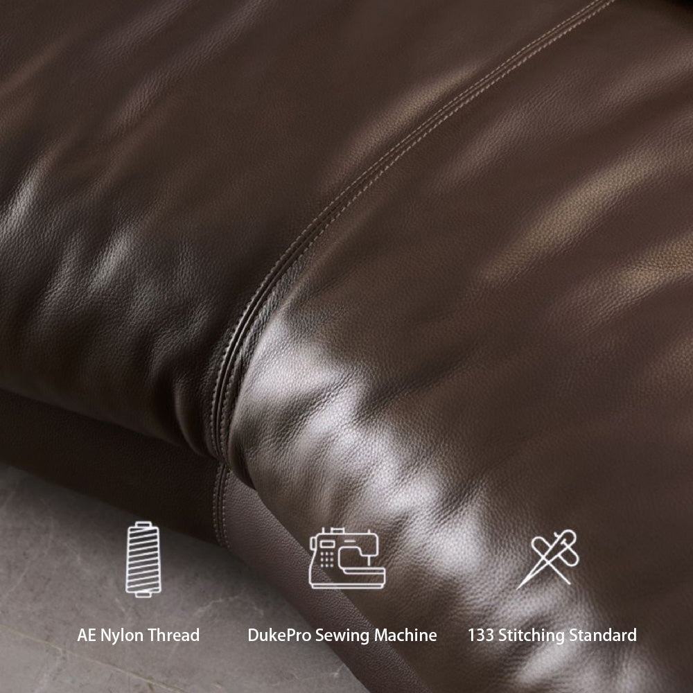 Modern Low-Profile Leather Sofa Deep Brown Upholstery with Wide Armrests & Metal Legs