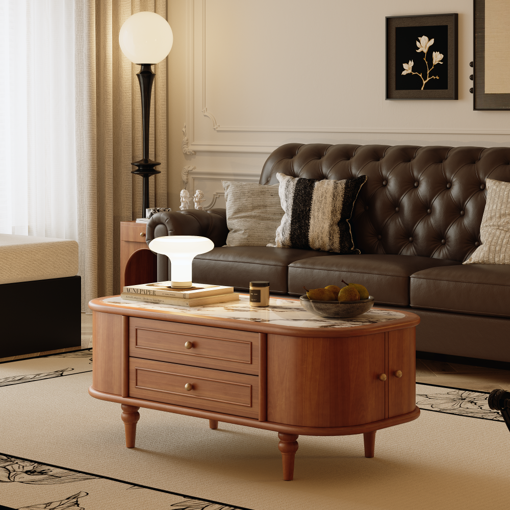 46'' Walnut Round Edge Coffee Table with Drawers Curved Cabinet Doors & Sintered Stone Top