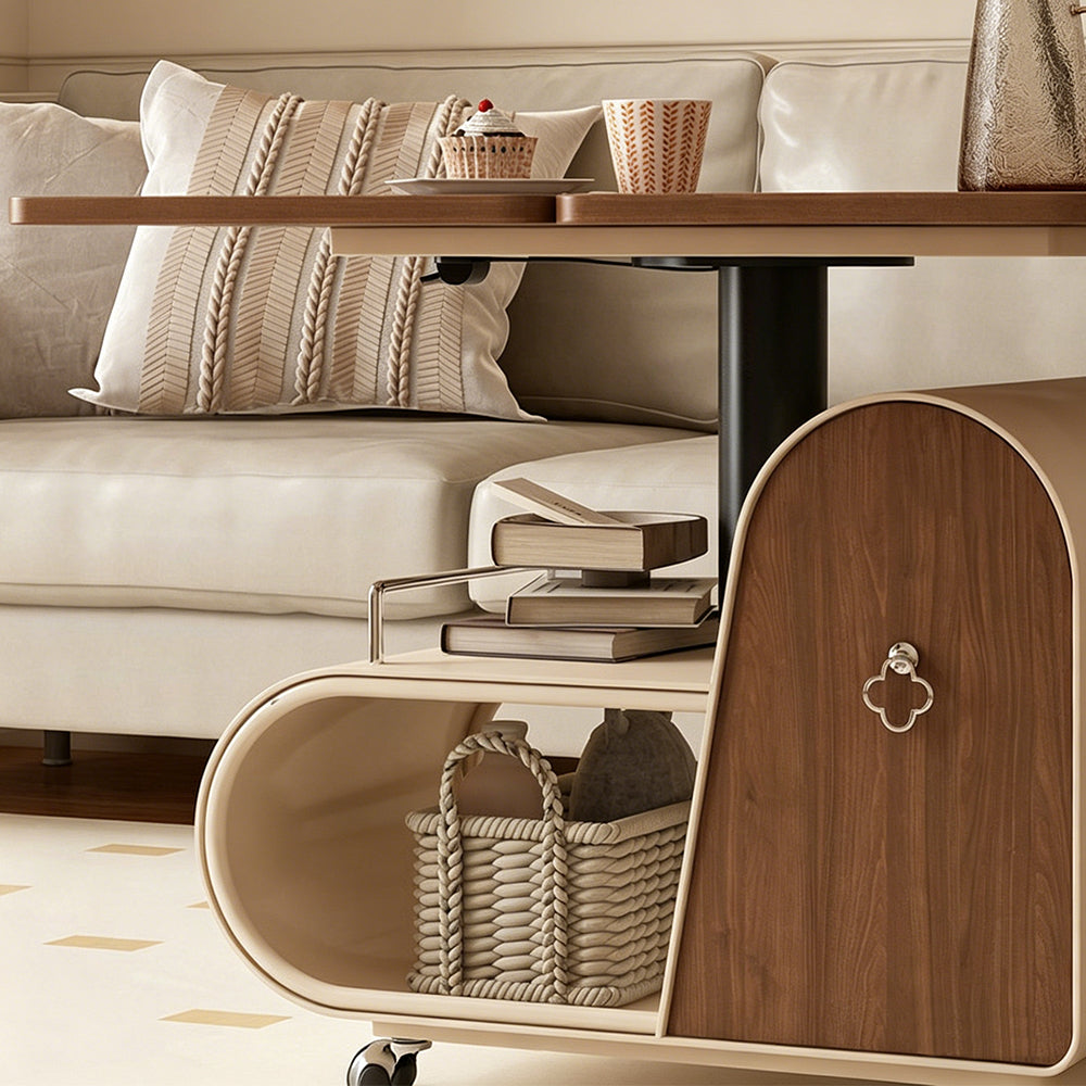 Modern Extendable Coffee Table with Walnut Finish Top and Hidden Storage Rolling Table