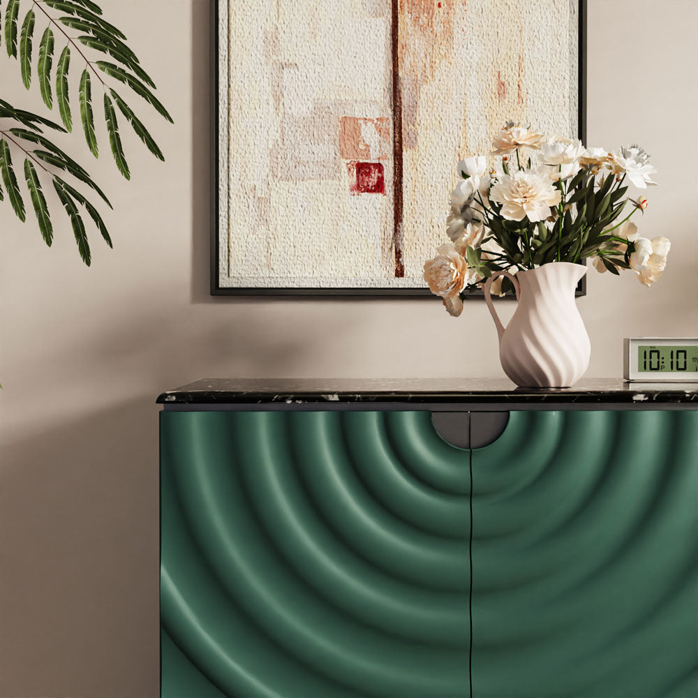 62.4" Modern Ripple Design Green Sideboard with Black Stone Top