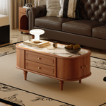 Load image into Gallery viewer, 46&#39;&#39; Walnut Round Edge Coffee Table with Drawers Curved Cabinet Doors &amp; Sintered Stone Top
