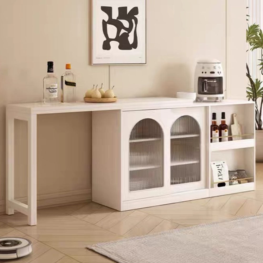 Multi-Functional Dining Table Rotating & Foldable Sideboard Sintered Stone Top Storage Cabinet with Fluted Glass Doors
