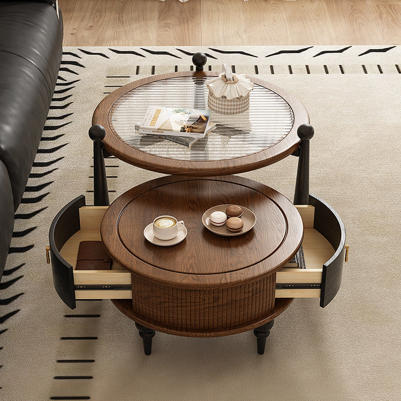 33.54" Round Nesting Coffee Table Set Water Ripple Glass Walnut Vintage Style Artistic Legs