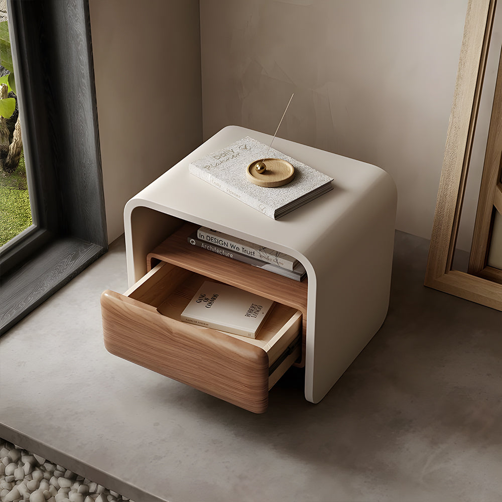 Sleek Modern Nightstand with Curved Edges Wooden Storage Drawer