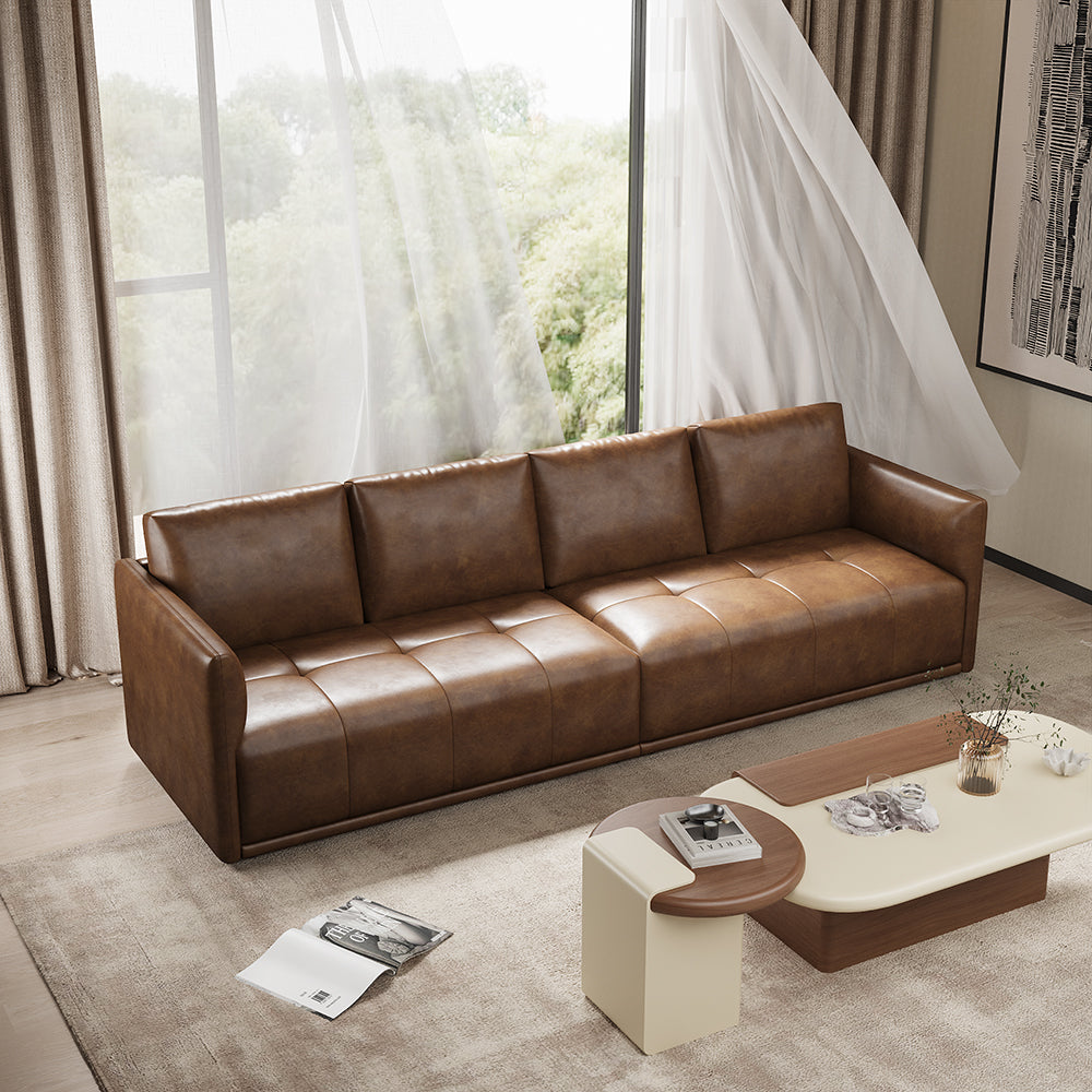Modern Brown Faux Leather Sofa with Deep Cushions & Clean Lines