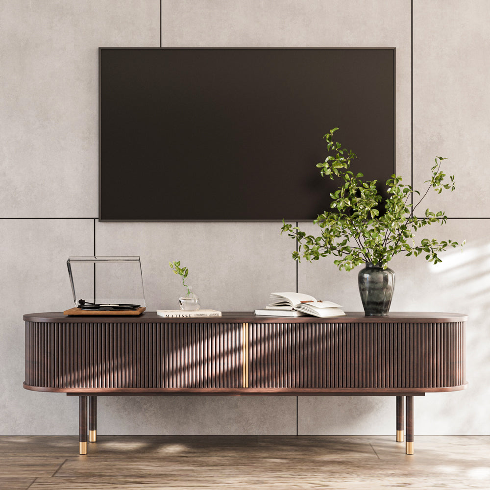 70.8" Modern Solid Wood TV Stand with Fluted Doors Minimalist Media Console with Rounded Corners & Gold Accents