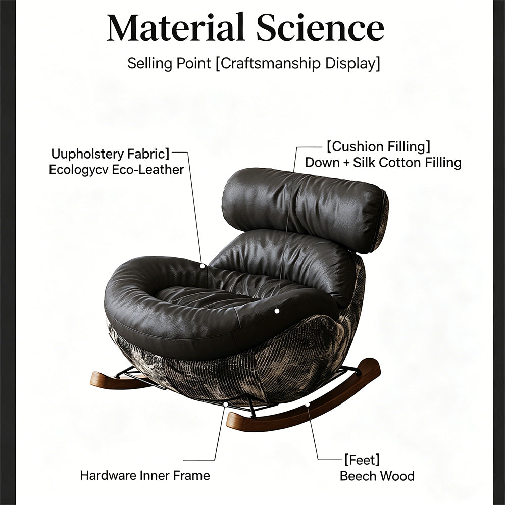 Modern Rocking Lounge Chair with Leather Cushion and Walnut Rocker Base