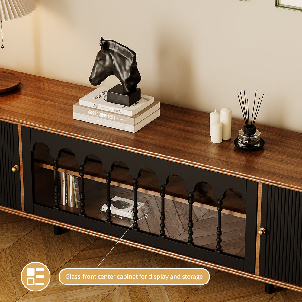 78.7'' Retro Metal TV Cabinet Arched Grille Doors Walnut Finish Elevated Base