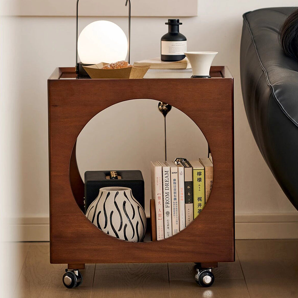 Modern Rattan Nightstand Rolling Side Table Solid Wood Mobile Bedside Cabinet with Storage