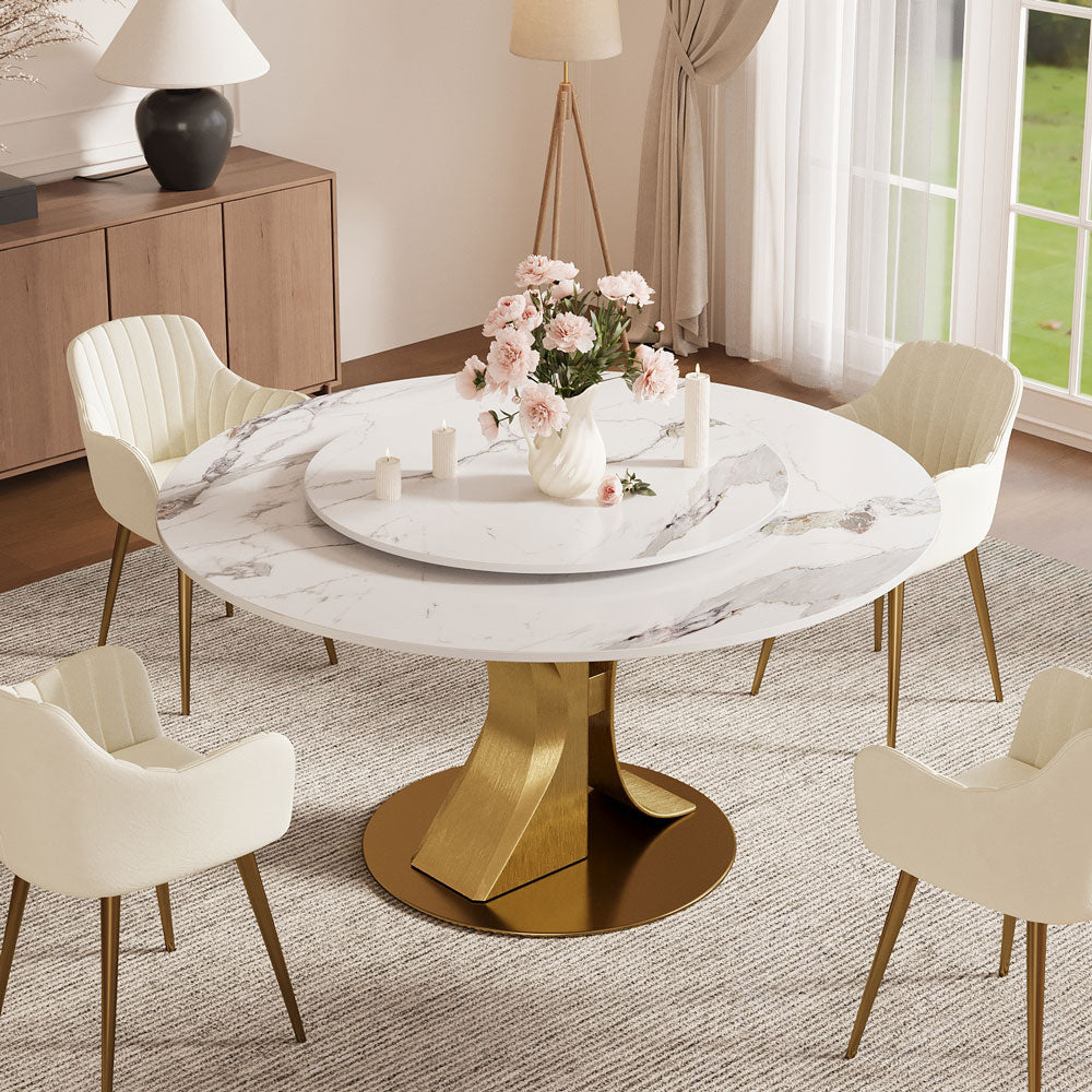 Round Dining Table Lazy Susan Marble Effect and Gold Metal Base Perfect for 4-6 People