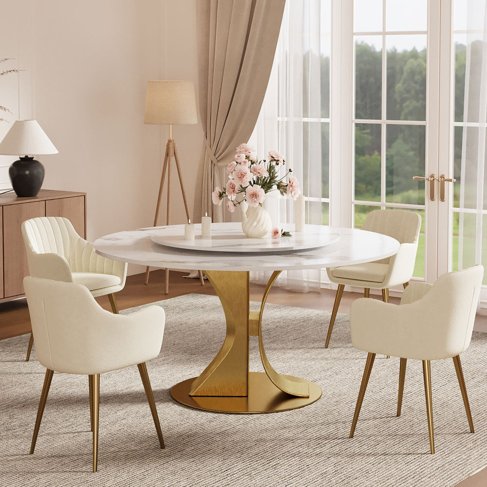 Round Dining Table Lazy Susan Marble Effect and Gold Metal Base Perfect for 4-6 People