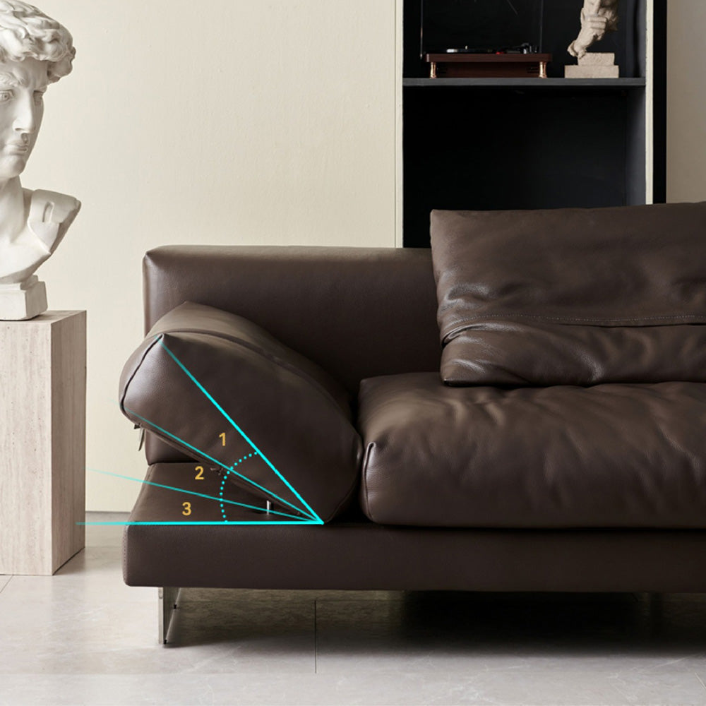 Modern Low-Profile Leather Sofa Deep Brown Upholstery with Wide Armrests & Metal Legs
