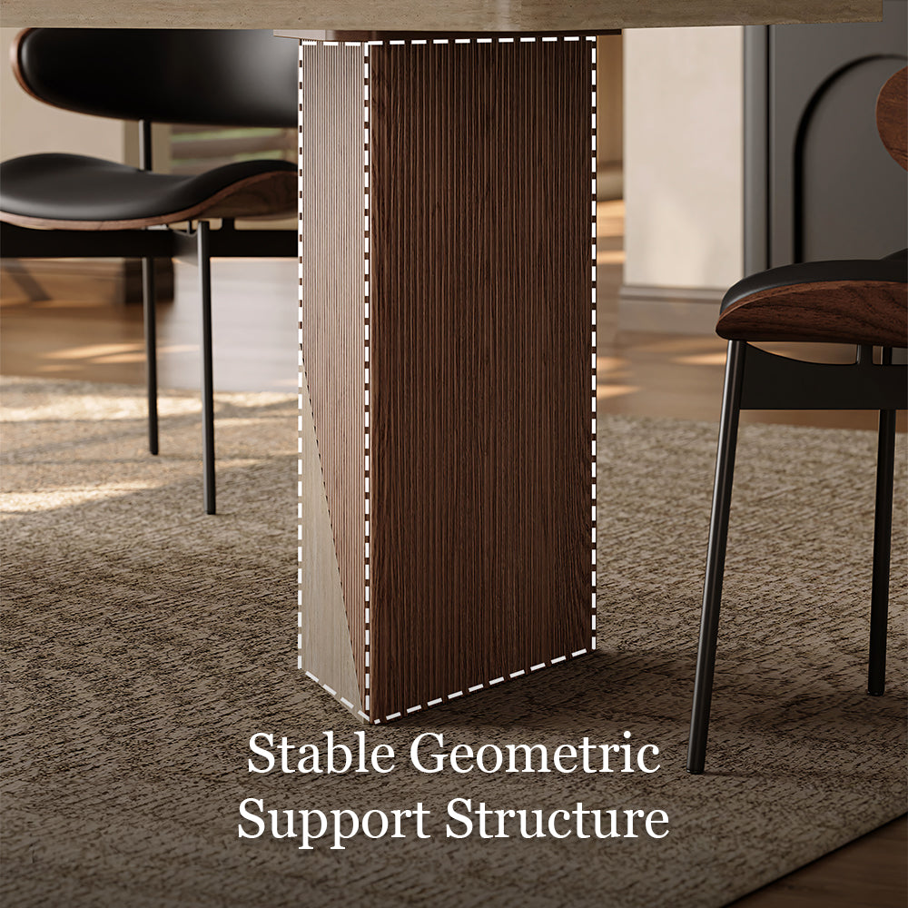 Rectangular Dining Table with Travertine-Look Sintered Stone Top and Fluted Oak Base