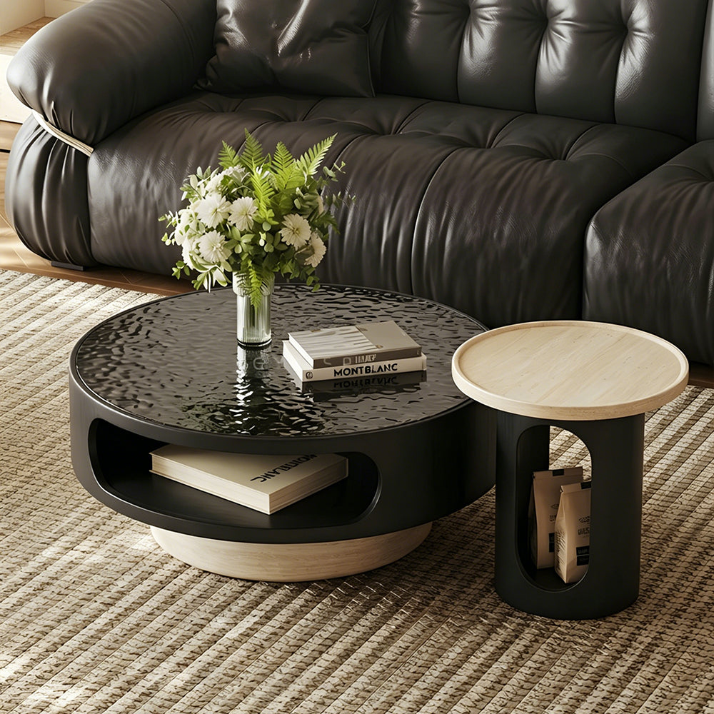 Modern Round Coffee Table Set with Textured Black Top and Open Storage Side Table