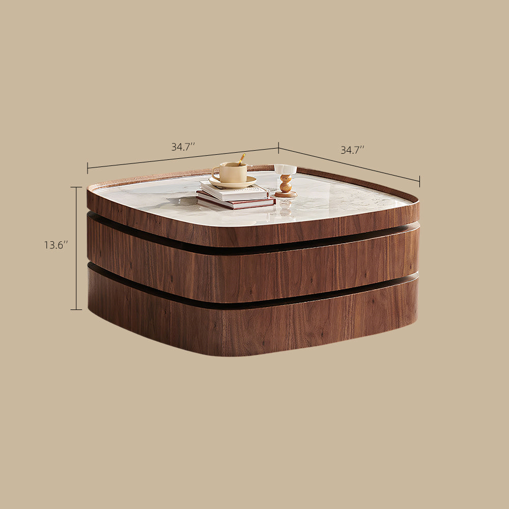 34.7'' Modern Solid Wood Coffee Table with Marble Top Hidden Storage Rounded Minimalist Design