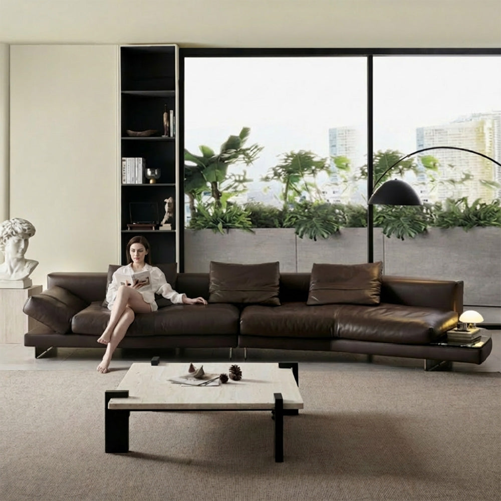 Modern Low-Profile Leather Sofa Deep Brown Upholstery with Wide Armrests & Metal Legs