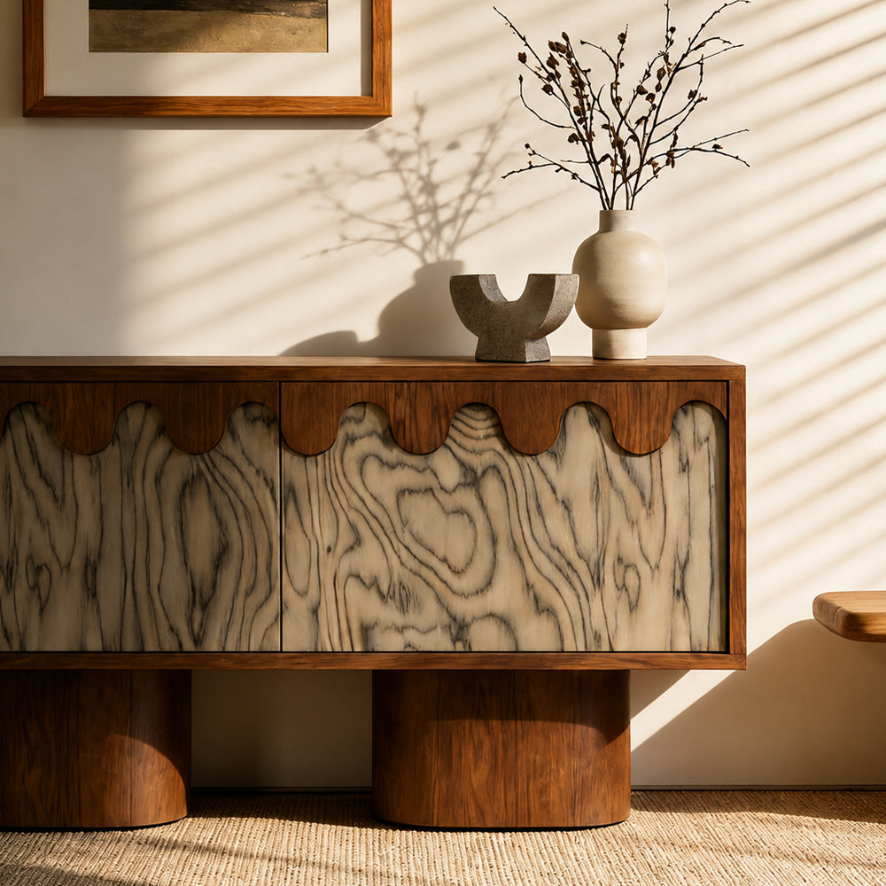 55.1'' Wabi-Sabi Walnut TV Stand with Scalloped Doors Mid Century Modern Media Console