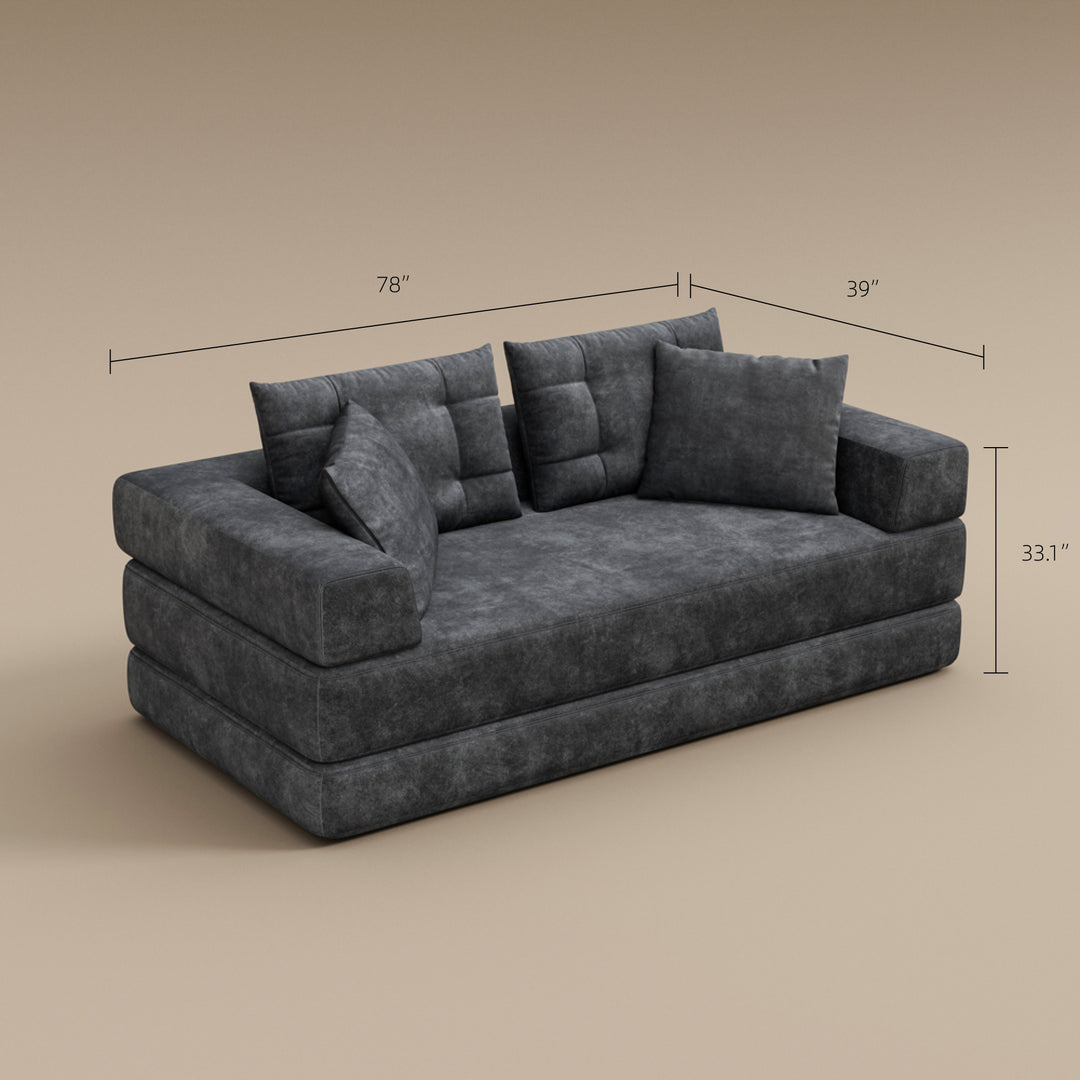 70''-78''Convertible Sofa Bed Tufted Cushion Armrest Foldable Design in Grey Fabric Upholstery