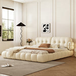 Load image into Gallery viewer, Modern Cream Upholstered Platform Bed Button Tufted Headboard Low Profile Soft Frame Bed with Solid Slat Support

