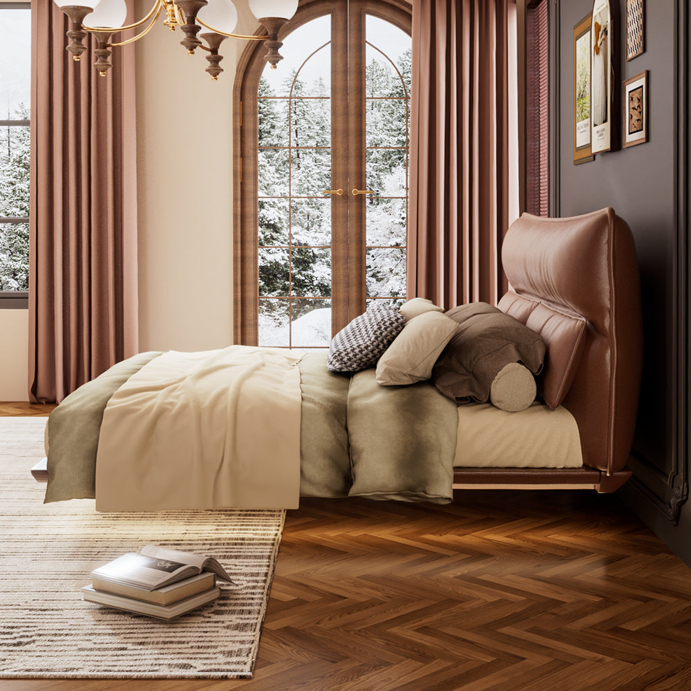 Luxury Floating Upholstered Platform Bed with LED Ambient Lighting & Cushioned Headboard