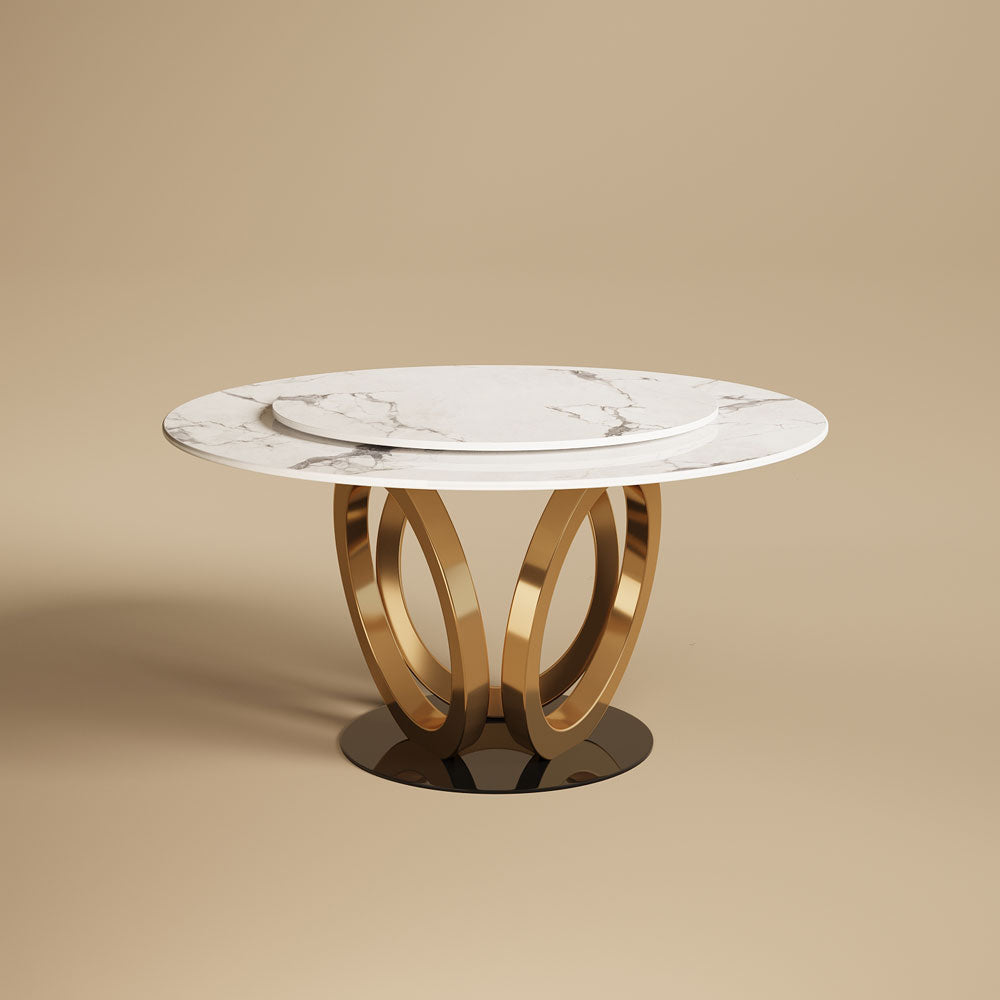 Round Dining Table Lazy Susan Marble Effect Ring Base Gold Accents Perfect for 4-6 People