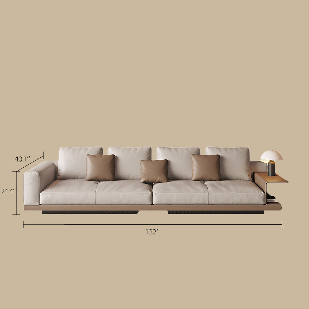 Modern Low-Profile Leather Sofa with Integrated Side Shelf