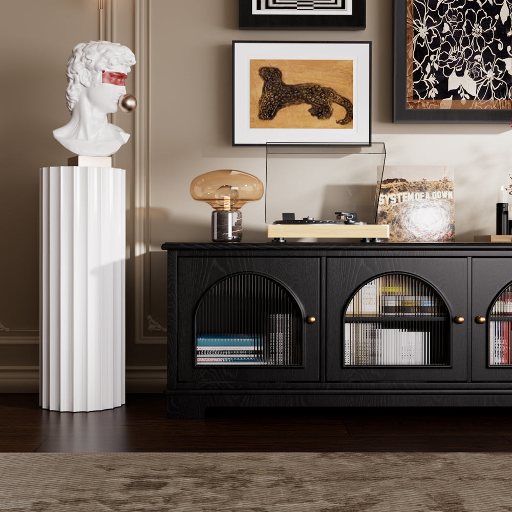 Modern Low-Profile TV Cabinet with Arched Glass Doors Freestanding Storage Console