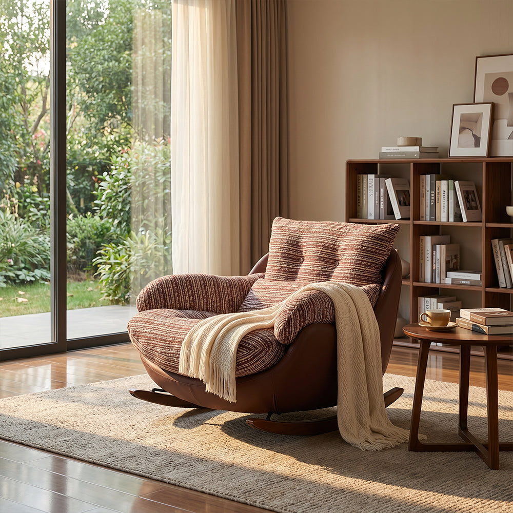 Rocking Lounge Chair with Textured Upholstery and Brown Wraparound Shell