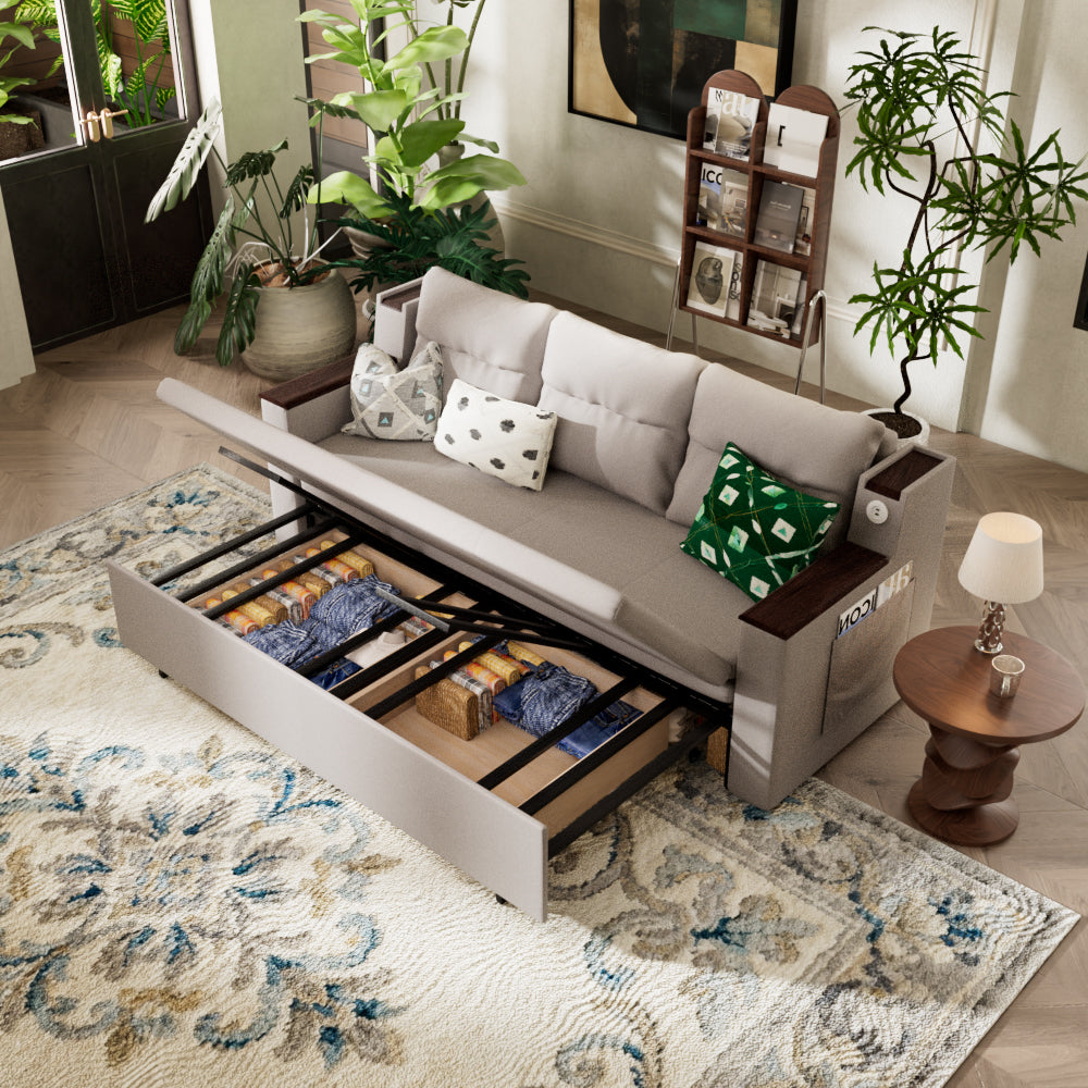 83'' 3-Seater Pull-Out Sleeper Sofa with Storage & USB Port