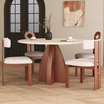 Load image into Gallery viewer, Modern Round Travertine Dining Table Solid Wood Pedestal Base Minimalist Dining Room Table
