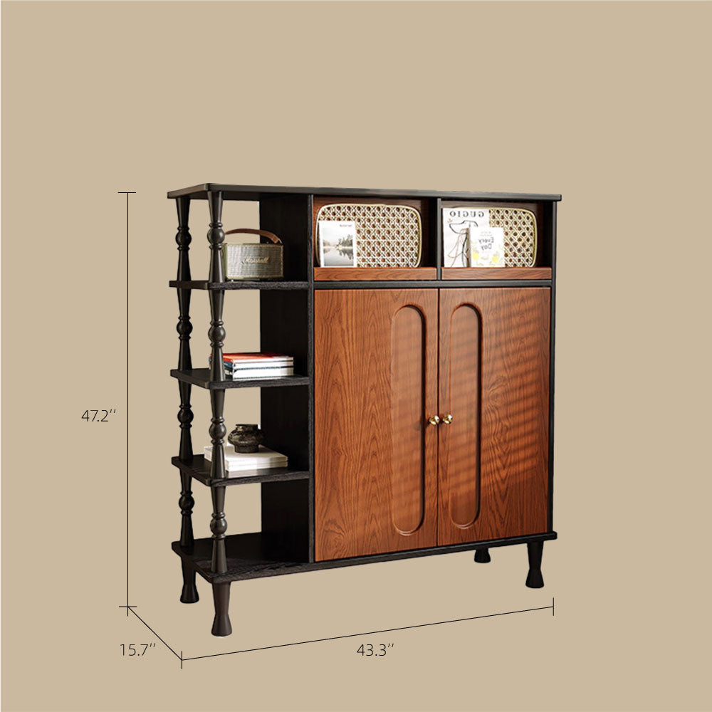 Modern Wooden Shoe Cabinet Entryway Storage with Woven Accent Doors & Open Side Shelves Multifunction Hallway Organizer