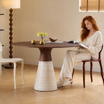 Load image into Gallery viewer, Modern Round Dining Table with Walnut Veneer Top &amp; Travertine-Inspired Pedestal Base
