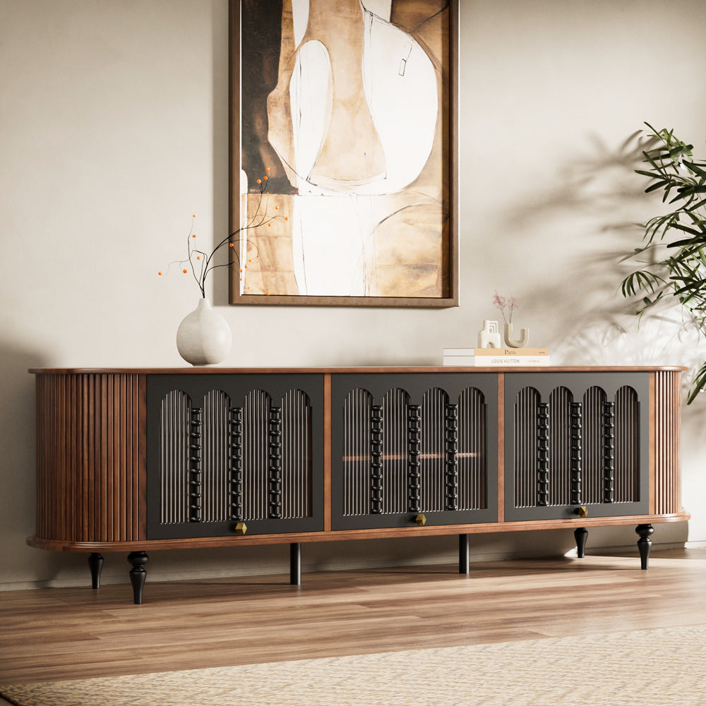 78" Retro TV Stand Curved Edge Design Arched Glass Doors Long Storage Cabinet Vintage Style Unit