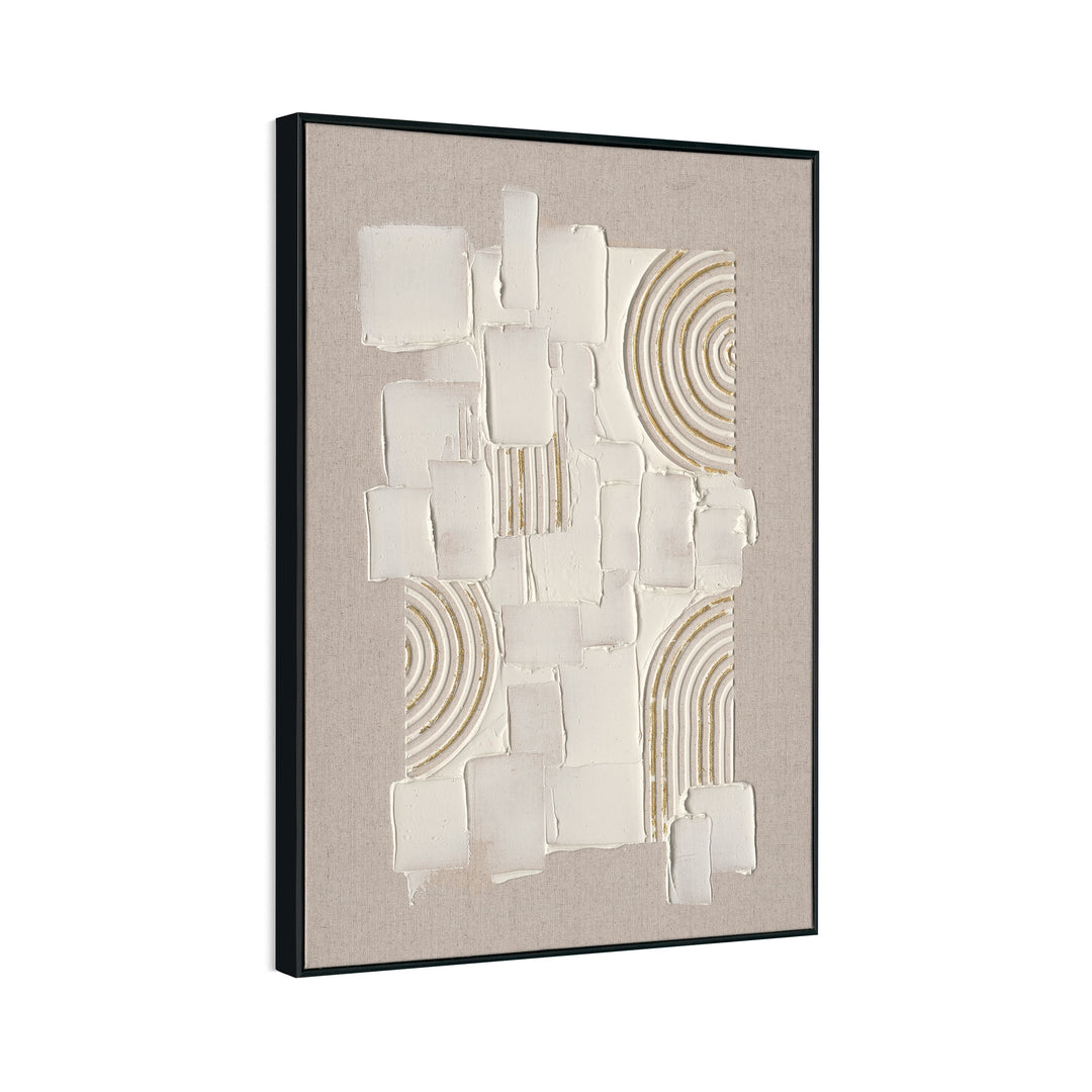 Original hand-painted texture art, merging plaster blocks with golden arcs, minimalist yet full of artistic tension.