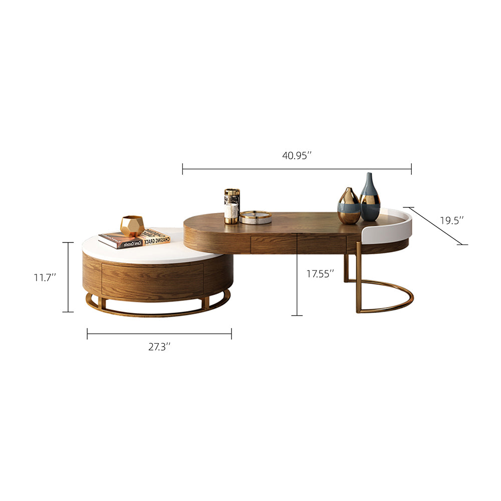 41'' Modern Round Nesting Coffee Table Wood Texture Metal Base Light Luxury Living Style