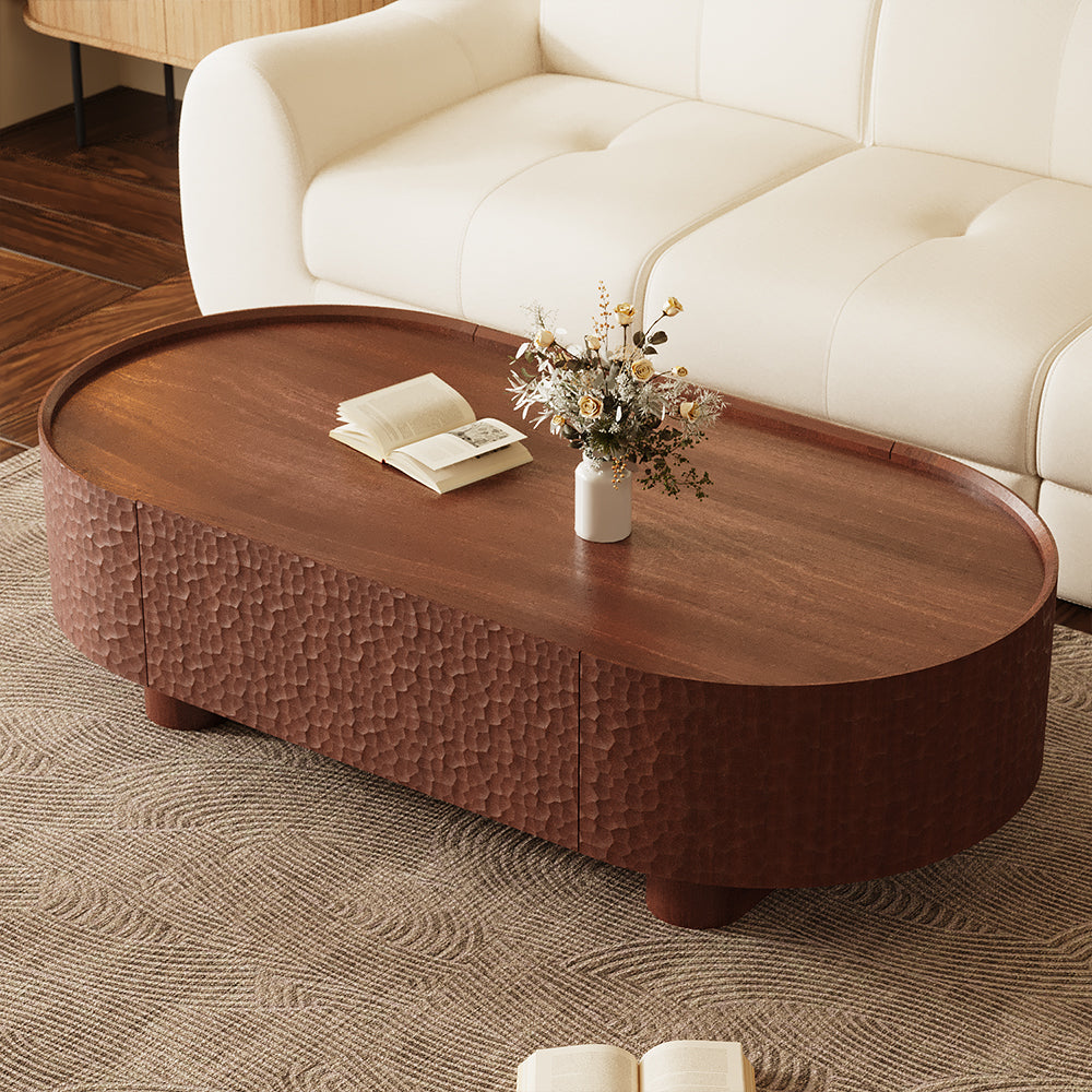 54.6''Walnut Oval Coffee Table Hammered Texture Design Modern Minimalist
