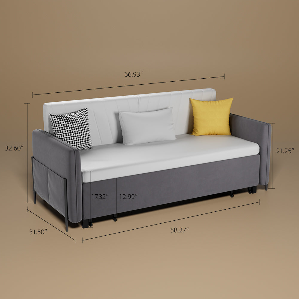 66.9"Convertible Sofa Bed Modern Minimalist Style with Side Pockets